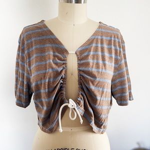 Urban Outfitters Cropped Brown and Blue Stripe Top with Tie Front Size Small